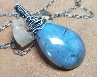 Wire Wrapped Labradorite Necklace - Sterling Silver Chain - Large Blue Flash Labradorite Necklace - Handmade Ready to Ship RTS - 25 Inch