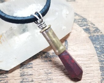 Bullet Necklace- Mahogany Obsidian Point and 22LR Bullet Casing - Rustic 20in Black Leather Cord -Handmade- Peaceful Warrior- Gift for Him