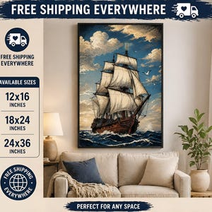 Vintage Nautical Ship Canvas Wall Art Antique Sailing Vessel Print Framed Ocean Maritime Decor
