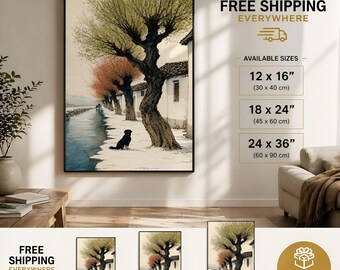Japansk akvarelltryck med hundvinterlandskap, minimalistisk väggdekoration med natur