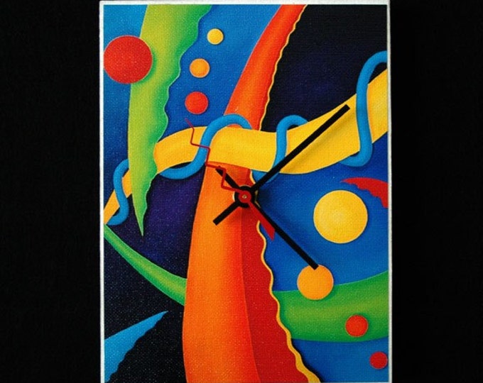 Abstract art clock with vibrant primary colors