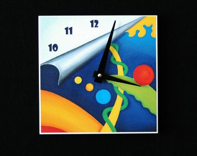 Unusual, bright colored abstract, yellow, blue, orange, red and green, art clock