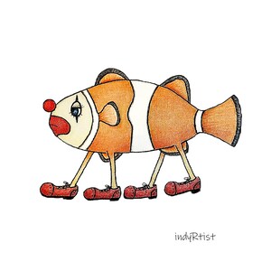 May include: A cartoon illustration of a clownfish with a sad expression, wearing red shoes and walking on four legs. The fish is orange and white with a red nose.
