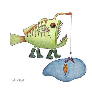 May include: A cartoon illustration of a green anglerfish with a large mouth and a lure, wearing boots and walking towards a blue rock with a small orange fish and a red worm on it. The text "indyRtist" is in the bottom left corner.