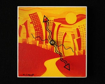 Heatwave, orange and yellow, summer cityscape, art clock