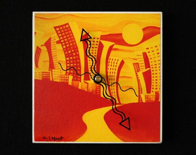 Heatwave, orange and yellow, summer cityscape, art clock