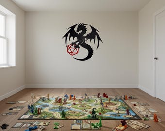 3D Printed Black Dragon Wall Art with D20 Dice - D&D Gamer Decor
