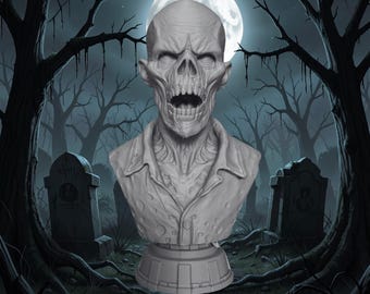 3D Printed Zombie Bust | Grey Horror Decor, Halloween Figurine