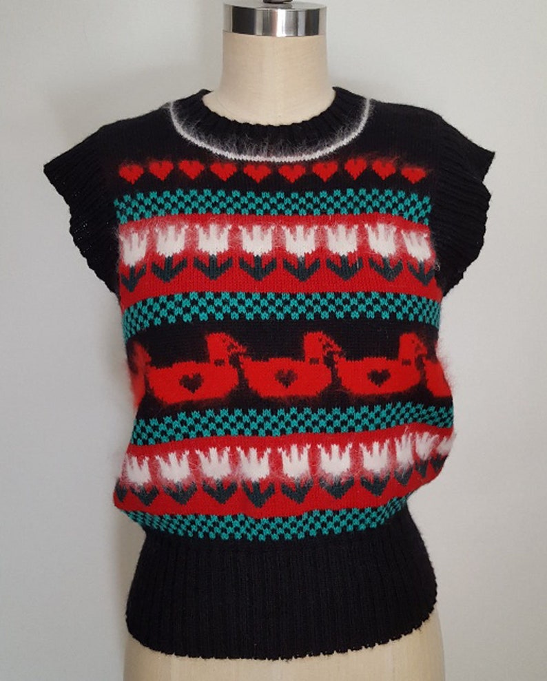 Vintage Ani Barrie Small Preppy Sweater Vest Black Red Hearts Wool Nerd Geek 80s USA