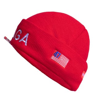 May include: Red knit beanie with a white "47" logo and a small American flag patch. The beanie also has a white "GA" embroidered on the side.