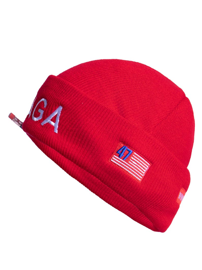 May include: Red knit beanie with a white "47" logo and a small American flag patch. The beanie also has a white "GA" embroidered on the side.