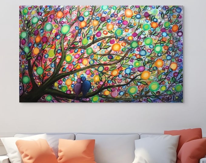 Large Colorful Tree with Birds Painting, Original 60x36 Canvas Art