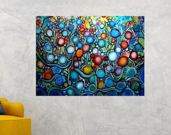 Boho Painting, Colorful Flowers Artwork, Modern Floral Canvas, Whimsical Botanical Art