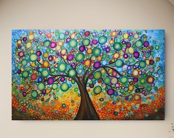 Large Colorful Olive Tree Painting, Original 60x36 Modern Canvas Art