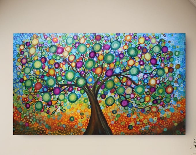Large Colorful Olive Tree Painting, Original 60x36 Modern Canvas Art