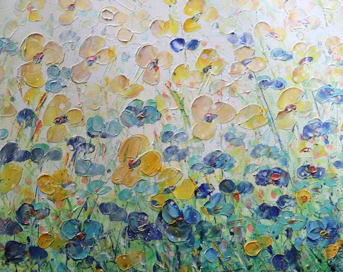 Wildflower Painting, Large Textured Flower Meadow on Canvas, 48x24