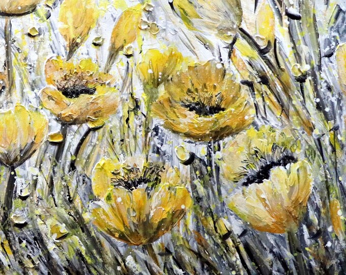 Yellow Wildflower Painting 48x24, Large Textured Artwork