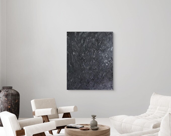 Textured Black Abstract Painting 24x30 | Wabi Sabi Wall Art, Minimalist Canvas