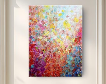 Large Colorful Floral Painting, Original Textured Abstract Flower Art, Custom Statement Canvas