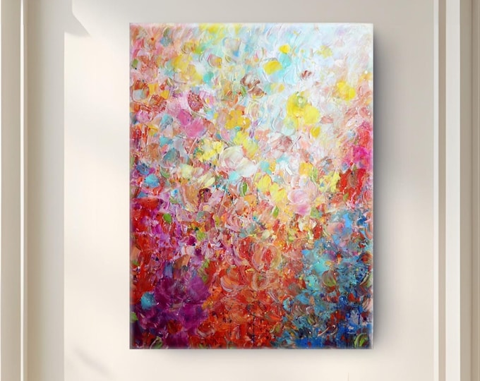 Large Colorful Floral Painting, Original Textured Abstract Flower Art, Custom Statement Canvas