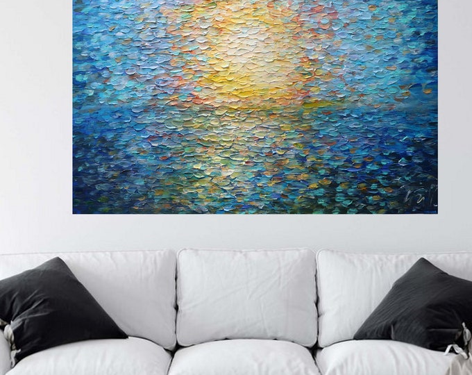 Original Handmade Large Oil Painting SKY and OCEAN , Sunrise, Sunset, Coastal Nautical ,Thick Heavy Impasto , ready to ship