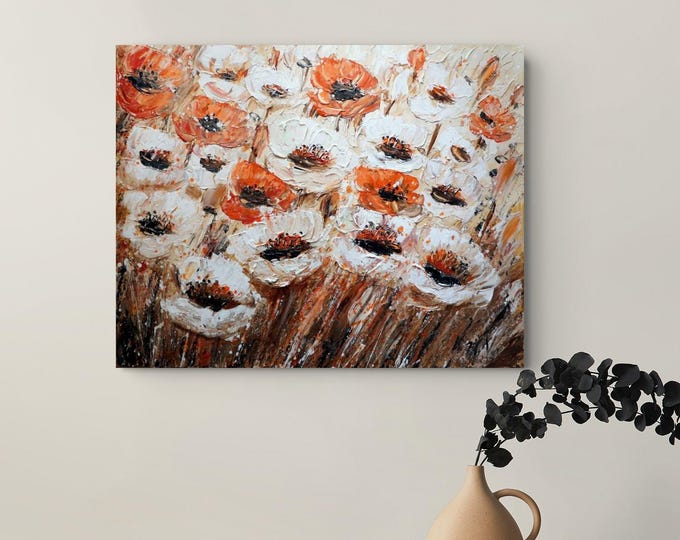 Original Poppy Painting 30x24, Autumn Harmony, Textured Floral Wall Art