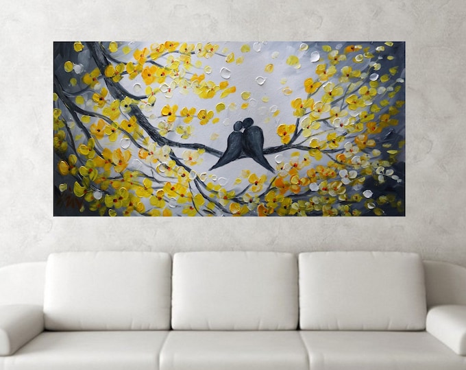 Custom Love Birds Painting, Yellow Blossom Textured Oil Canvas