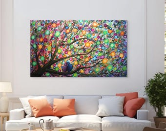 Original Colorful Tree Painting, Large 60x36 Boho Canvas with Birds