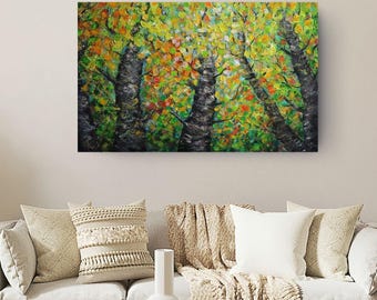 Original Colorful Forest Painting, 48x30 Textured Autumn Trees on Canvas
