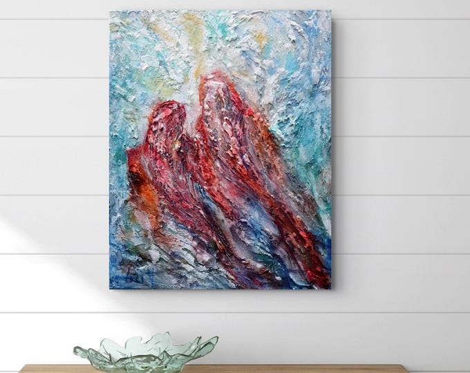 Original Koi Fish Painting 16x20, Crimson Current, Textured Palette Knife Wall Art, Contemporary Aqua Abstract Canvas