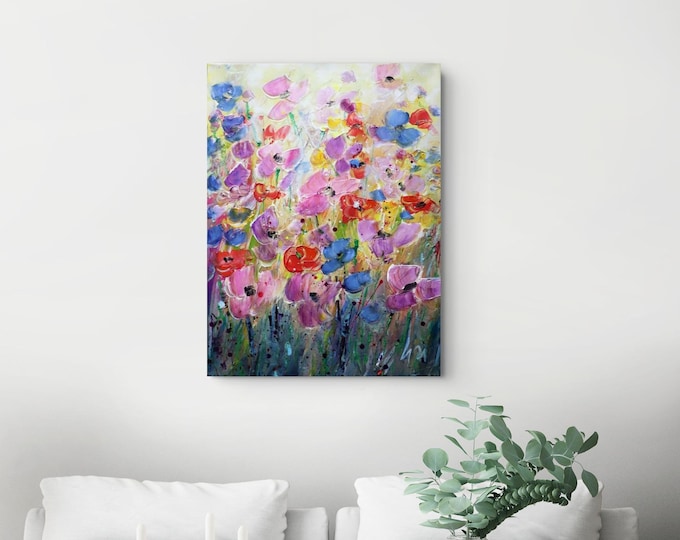 Original Wildflower Painting 18x24, Where Wildflowers Dance, Colorful Floral Wall Art