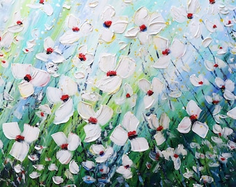 Large White Flower Painting, Textured Floral Art on Canvas, 60x36