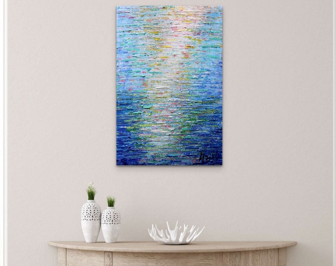 Textured Abstract Painting, Blue Coastal Seascape Art, Original ready to ship