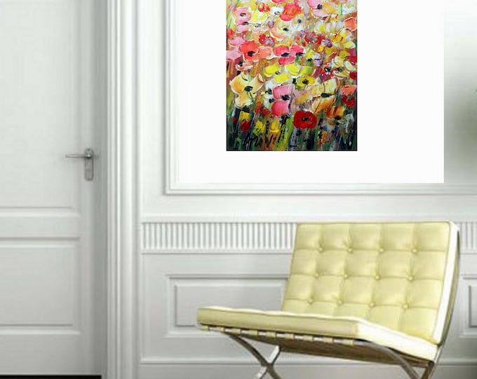 Textured Abstract Floral Painting, Pastel Wildflower Art, Original Vertical Canvas Wall Art for Serene Luxury Interiors