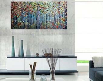 Fall Season Birch Trees Landscape Forest, Original Oil Painting on Canvas