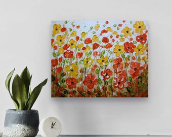 Original Red and Yellow Wildflower Painting, Textured Acrylic Canvas, 20x16