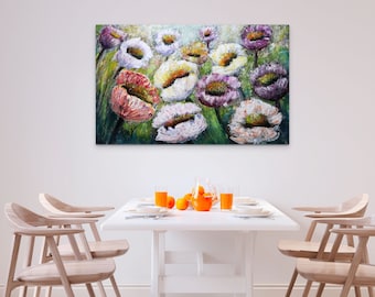 Flowers Field Country Wildflowers Joyful July Original Painting on Large Landscape Textured Impasto Canvas