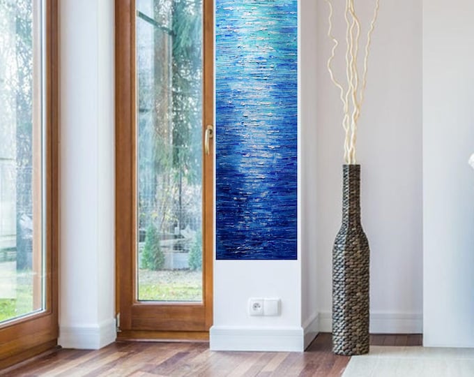 Abstract Ocean Painting: Palette Knife Seascape Art, 18x50 Inches