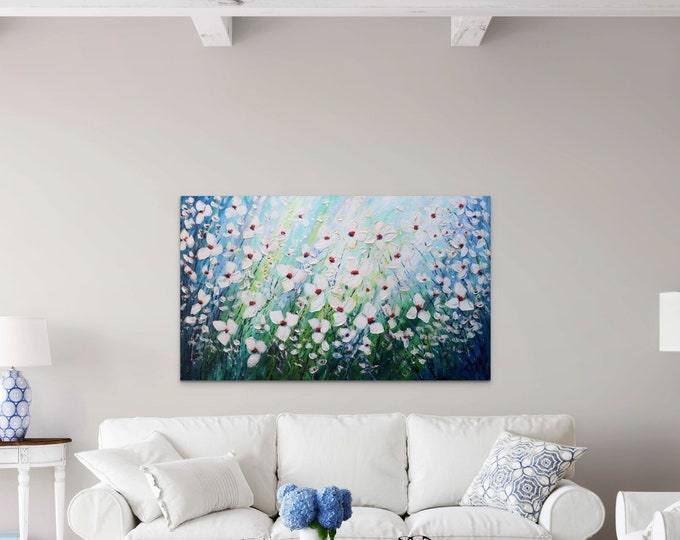 White Flowers Original Painting Large Canvas Blue Green Colors Modern Contemporary Art ready to ship