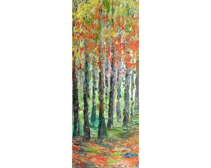 Aspen Forest Painting, 12x36 Textured Fall Art,