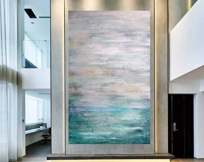 Original Abstract Seascape Painting: Mist Lagoon, Textured Canvas (30x48)