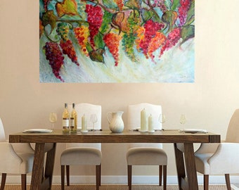 Vineyard Grapes Painting 48x30, Piece of France Wine Country Wall Art, Textured Vineyard Canvas