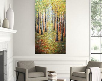 Fall Birch Path Painting: Original Impasto Oil, Textured Forest Art