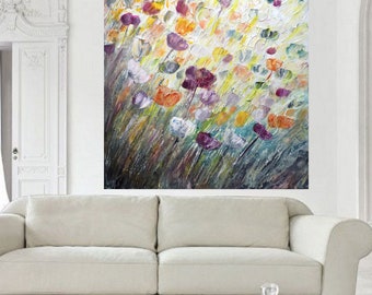 Square Painting, TULIPS Petals SPRINGTIME, textured abstract ORIGINAL Art , Extra Large  Floral Canvas