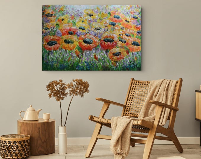 Original Wildflower Meadow Painting 36x24, A Field Full of Light, Textured Floral Wall Art