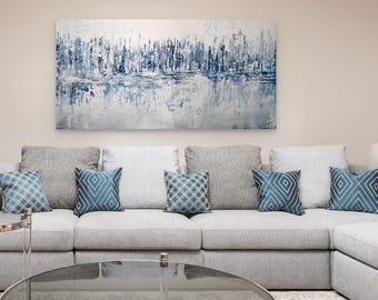 Original Abstract Cityscape Painting 48x24, Between Sky and Water, Blue Skyline Wall Art