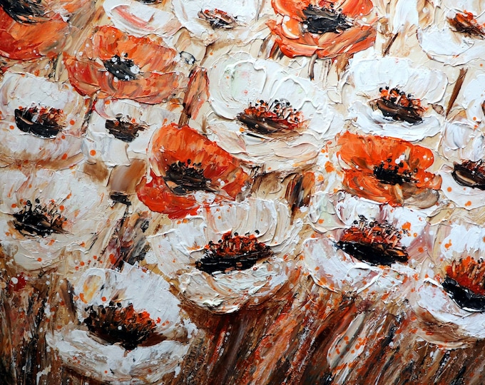Poppy Painting, Textured Orange and White Floral Art, 30x24 Canvas