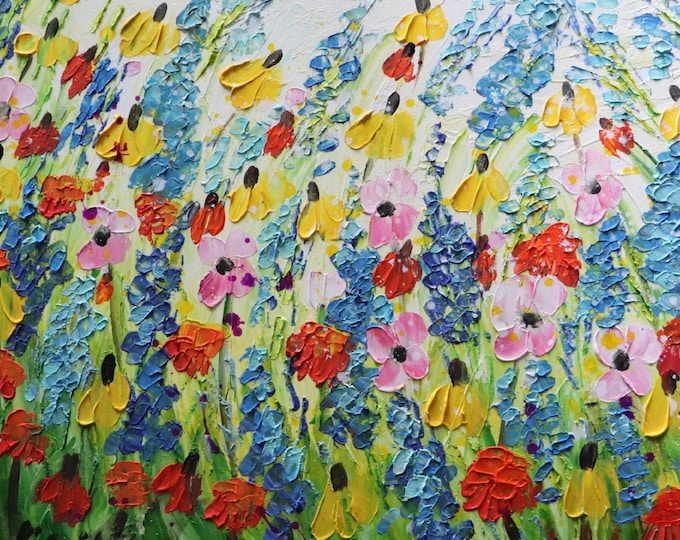 Wildflower Painting, Original Textured Oil Painting, Large Canvas 36x24