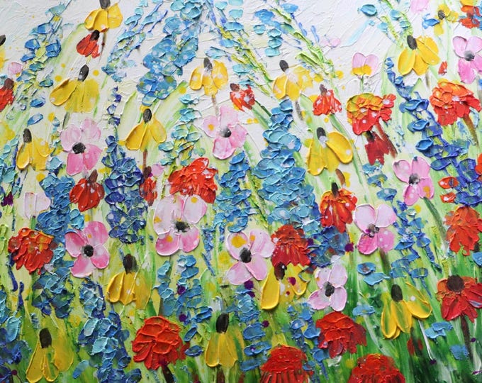 Wildflower Painting, Original Textured Oil Painting, Large Canvas 36x24