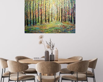 Birch Tree Grove Painting, Textured Impasto Landscape, Large Canvas